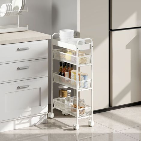 Carrito de cocina metálico, 3 cestas, diseño estrecho, 4 ruedas, para cocina, salón, baño, blanco.