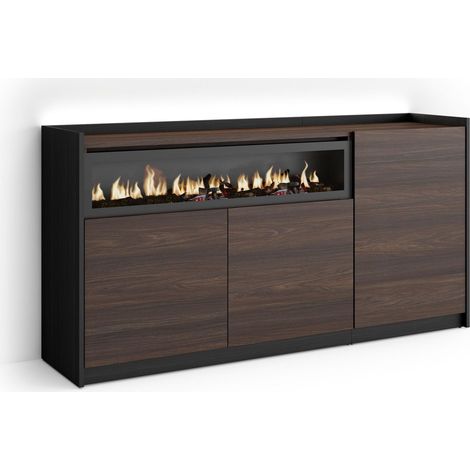 Skraut Home - Aparador para salón, Gran capacidad de almacenaje, 156x37x80cm, 3 Puertas, Chimenea eléctrica, LED, Estilo Moderno, Roble oscuro y Negro (1/5)