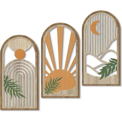 Putuo Decor Art mural bohème plantes, décoration murale en bois moderne minimaliste, décorations abstraites inspirées du soleil 40,6×20,3 cm style mid-century pour salon chambre bureau (1/5)