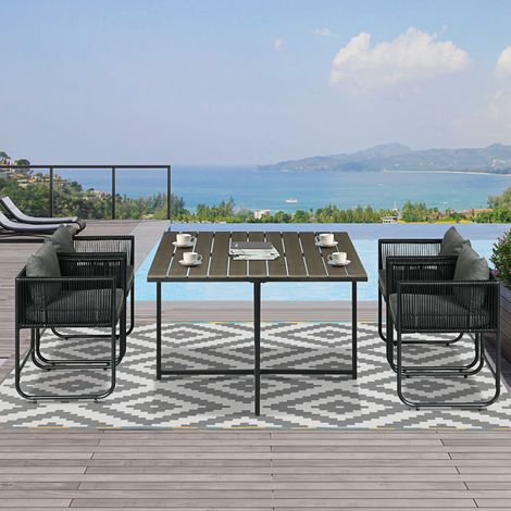Conjunto de comedor para exteriores, muebles de jardín, 5 piezas, poliratán, cojines para asientos, resistente a la intemperie, negro/gris (1/5)