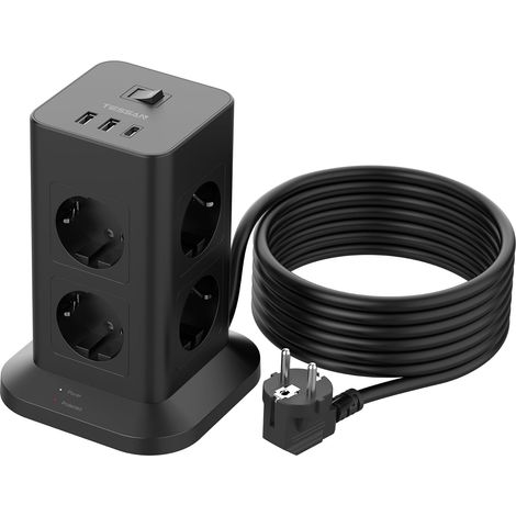 Multiprise avec Interrupteur, Rallonge Electrique 5M, Noir Prise Multiple 8 Sorties AC avec 1 USB,C et 2 USB A, Parafoudre et Surtension, 3600W Tour Multiprise pour Maison, Bureau (1/5)