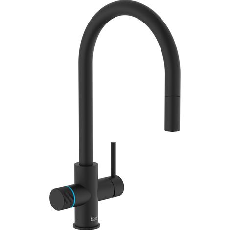 Aquafy Grifería para cocina de dos salidas con función filtro de agua y caño curvo extraíble. Filtro de 5 etapas incluido. Acabado en Negro Mate