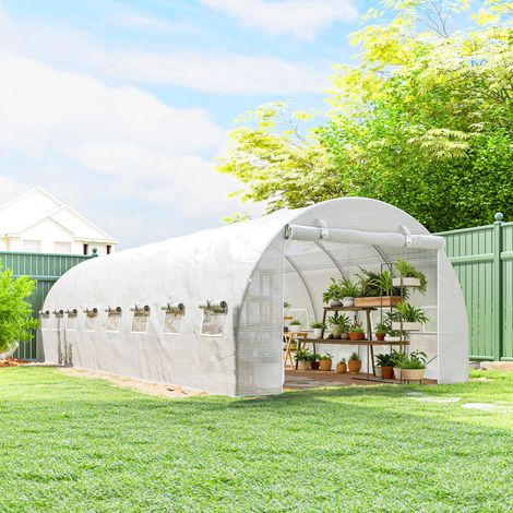 Invernadero tipo túnel de 24 m² (8 m de largo x 3 m de ancho x 2 m de alto) - 16 ventanas, puerta enrollable con cremallera de acero galvanizado, cubierta de PE, color blanco. (1/5)