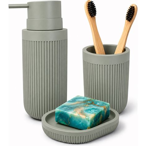 Relaxdays Bathroom Accessories, 3-piece set, soap dish, soap dispenser, toothbrush mug, polyresin, light grey (1/5)