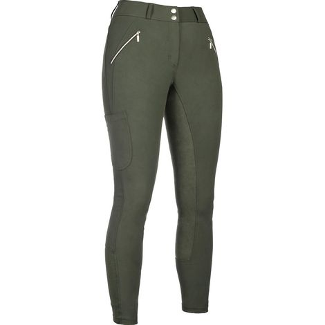 46 IT, verde oliva: Pantaloni donna per equitazione modello Lia a vita alta full grip in pelle sintetica