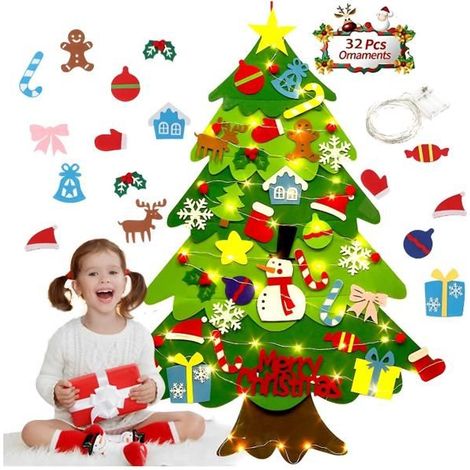 DIY Filz-Wandweihnachtsbaum mit Lichtern und Ornamenten, Neujahrs-/Weihnachtsdekoration (Frohe Weihnachten)