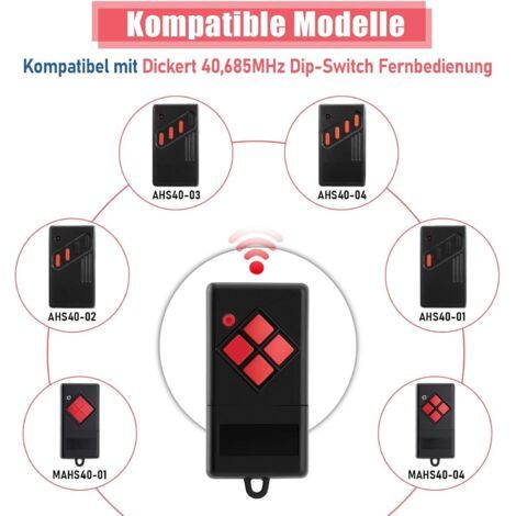 Un ensemble de deux télécommandes de remplacement pour porte de garage – fréquence 40,685 MHz – compatibles avec Dickert MAHS40-04, AHS40-01 et AHS40-02. (1/2)