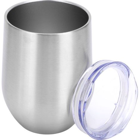 12 oz Tasses à vin en acier inoxydable sans pied avec couvercle et trou de paille, double paroi, isolé, gobelets de voyage (1/5)
