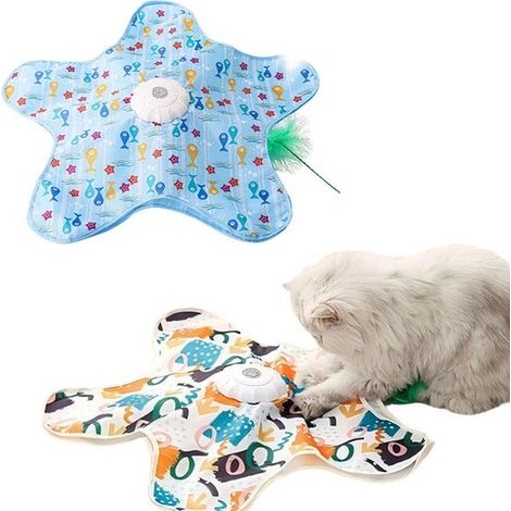 Jouet de chasse pour chat - Jouet interactif de cache-cache et de traque - Griffoir rotatif automatique pour chat - Avec 2 batonnets à plumes et tapis de jeu - Mouvement irrégulier à 360° - Beige (Pen (1/5)
