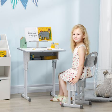 Bureau d'écolier avec chaise réglable en hauteur et lampe pour enfants de 6 à 12 ans. Acier et MDF. Gris.