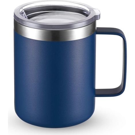 Mug isotherme en acier inoxydable avec anse, 35 cl, double paroi et couvercle, idéal pour les voyages (bleu marine, lot de 1)