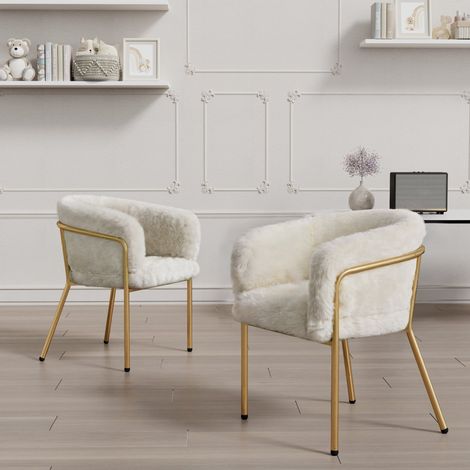 Chaise en fausse fourrure blanche, assise confortable, 4 pieds en métal, style élégant, pour salle à manger, chambre et salon (1/5)