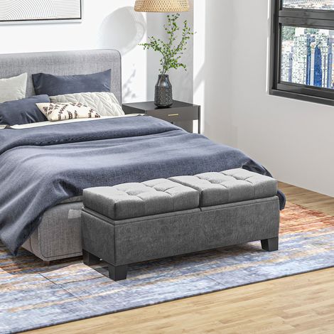 Banc de rangement. Banc capitonné aspect lin. Coffre de rangement rembourré, charge maximale 180 kg. Idéal pour l'entrée, la chambre ou le salon. 116 x 41 x 47 cm. Gris. (1/5)