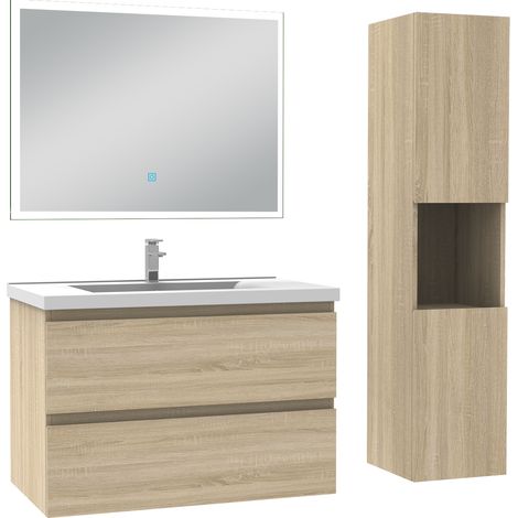 Ensemble meuble de salle de bain 80cm, vasque céramique + colonne haut + miroir lumineux, chêne