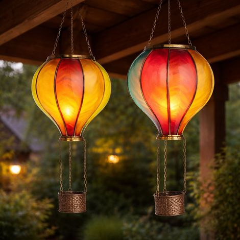 Solarleuchte Deko Hängelampe Solar Heißluftballon mit Flammeneffekt Außen LED Gartenleuchte mehrfarbig, Kunststoff, LED warmweiß,ØxH 14x47cm, 2er Set
