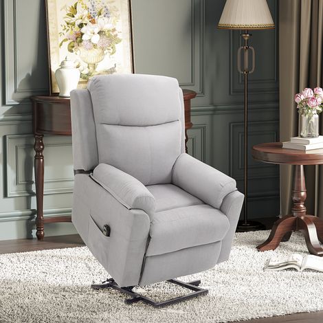 Sillón reclinable eléctrico con función de elevación, sillón para TV con mando a distancia, bolsillo lateral, núcleo de muelles ensacados, aspecto de lino, gris claro (1/5)