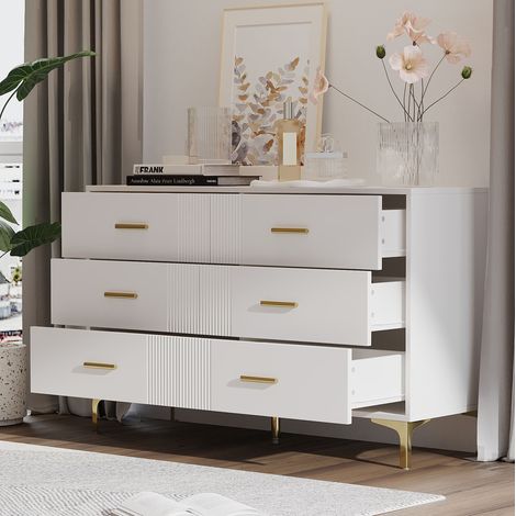 Cómoda de MDF blanca con 6 cajones, frentes ondulados y patas elevadas, 120x40x76 cm (1/5)