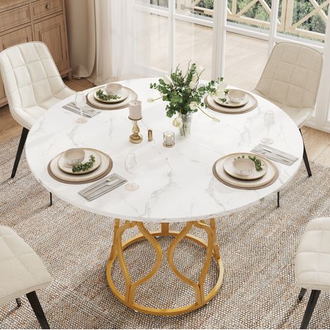 Table à manger ronde 100x100x75 cm pour 4-6 personnes avec étagère de rangement, MDF effet marbre et métal doré - blanc (1/5)