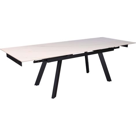 HERA - Table extensible en pierre frittée blanc pieds en métal noir 160-240 cm