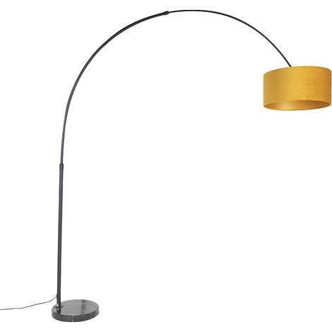 Arc Lamp Black with Velvet Lampshade Mustard Yellow with Gold 50 cm - XXL