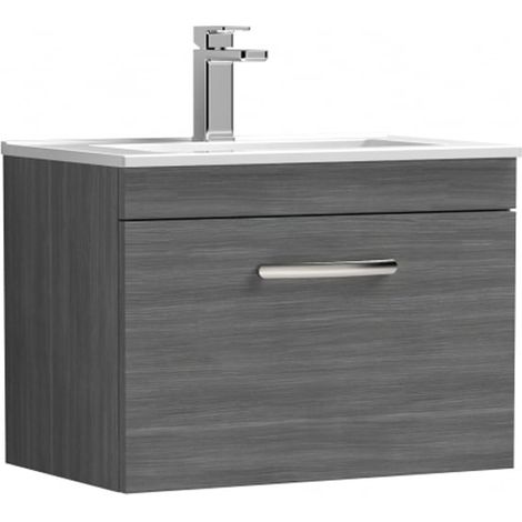 Nuie Athena Wall Hung 1-Drawer Vanity Unit with Basin-2 600mm Wide - Anthracite Woodgrain (1/5)