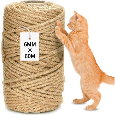 Corde en sisal pour arbre à chat - 60 m - Corde en sisal naturel de 6 mm - Pour chat, maison, jardin, décoration, bricolage (1/5)