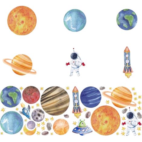 Autocollants Muraux Planètes - Système Solaire - Décoration Murale pour Chambre d'Enfant - Réutilisable - PVC - 1 Feuille 88 x 31 cm (1/5)