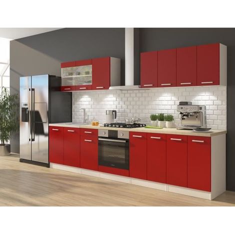 Cuisine complète rouge mat 300 cm avec meuble four et plan de travail – Panneaux mélaminés avec chants PVC – Fabrication européenne (1/7)