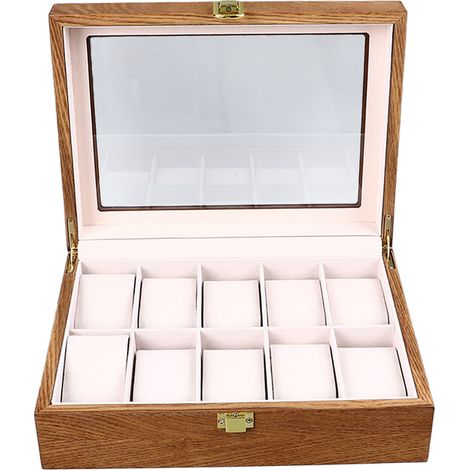 Boîte à montres en bois à 10 emplacements, grand coffret de rangement avec couvercle transparent pour montres, bracelets et colliers. (1/5)