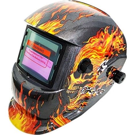 Casque de soudage à obscurcissement automatique, motif tête de mort enflammée, cagoule de soudage avec capteurs, alimentée par énergie solaire, avec plage de teintes réglable, grade 6