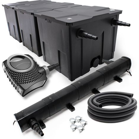 Wiltec Komplettset: CBF-350C Teichfilter bis 90000 L Teichfilteranlage Durchlauffilter, NEO10000 Teichpumpe 10000l/h 80W, CUV-272 Teichklärer 72W, 10m Teichschlauch 38 mm, Schlauchschellen W1 44-47mm (1/5)