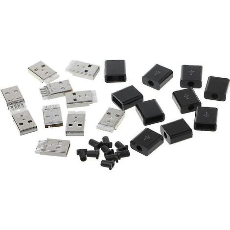 Lot de 10 adaptateurs USB 2.0 Type A mâles 4 broches à monter soi-même, avec gaines en plastique noir. (1/5)