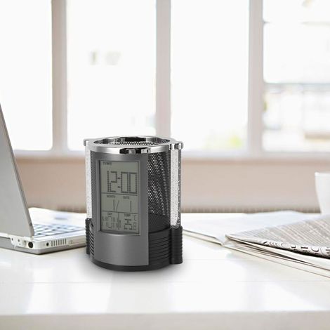 Organisateur Bureau Électronique Multifonction – Horloge Calendrier Perpétuel avec LED Colorées et Pot Crayon en Plastique (1/5)