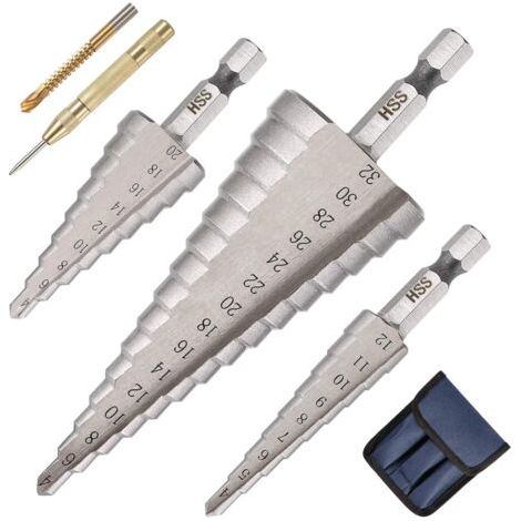 3PCS Foret Étagé Métal, 4-12/20/32mm Fraise Etage Metal Triangle Conique Titane HSS, Tige Hexagone pour Acier, Bois, Laiton, Aluminium, PVC, Poinçon Central et Foret de Torsion Inclusdengyank (1/5)