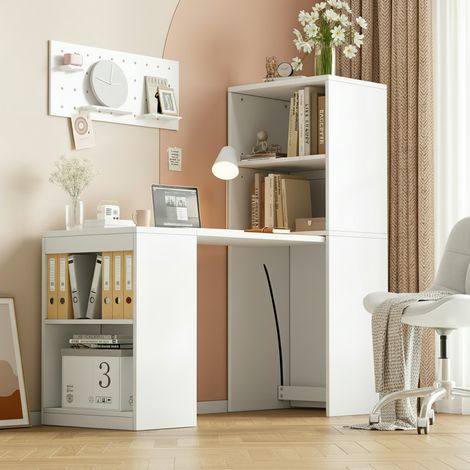 Mesa escritorio plegable de PB blanca 130 x 51 x 137 cm, 2 en 1 con estantería y 4 huecos (1/5)