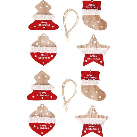 Ornement Noel Bois - 8 Pièces Étoile Arbre Sapin Chaussette Clochette - Décoration Arbre de Noël Rustique avec Corde en Toile de Jute - Lot Complet (1/5)