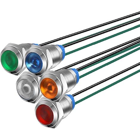 Gebildet 5pcs 10mm 3V-4,5V-5V-6V-7,5V-9VDC Lampe de Signalisation en Métal, Voyant LED à économie D'énergie, Indicateur étanche avec Fil (Rouge/Orange/Bleu/Vert/Blanc) (1/5)
