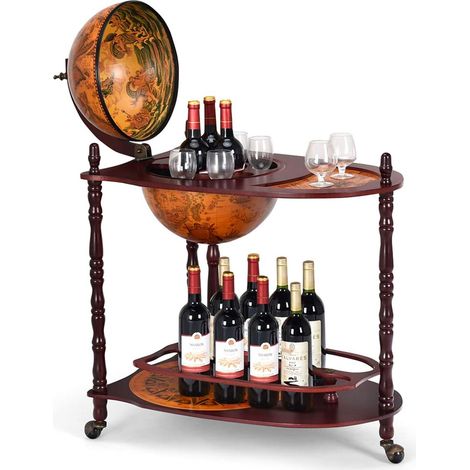 GOPLUS Bar Globe Rangement Vin en Bois Rack/Cabinet Globe Italien du 16e Siecle avec 3 Pieds,Porte-Bouteille,Casier Bouteilles en Bois avec 3 roulettes (Marron XL) (1/5)