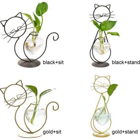 Vase Hydroponique - Chat - Métal Et Verre - Noir Or - 20x19x8 5 Cm Et 28 5x12x8 5 Cm - 1 Pièce (1/4)