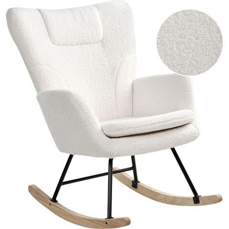 Rocking Chair White Boucle Fabric Upholstery Wooden Legs Skates Nursery Living Room Cottage Scandinavian SANDVE