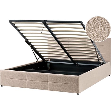Ottoman Bed Beige Boucle EU King Size 5ft3 Lift-Up Storage Headboard Slatted Base Modern Design MASSOGNES
