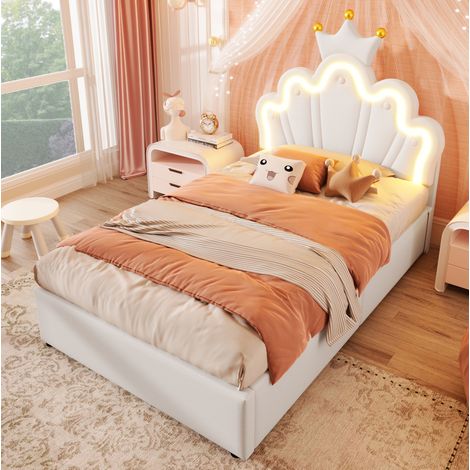 Lit 90x200 cm blanc – tête de lit réglable, LED et rangement hydraulique, sans matelas (1/5)