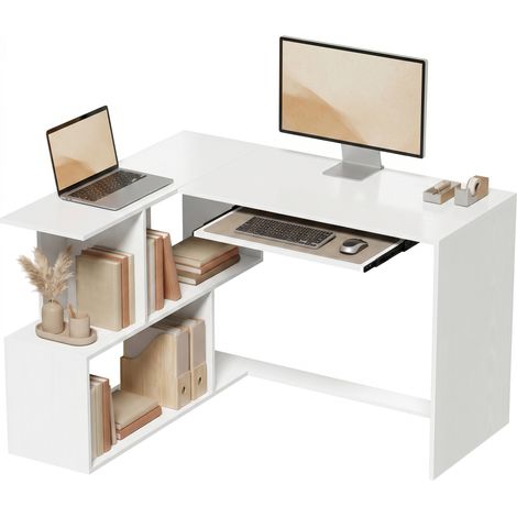 Bureau d'angle, bureau d'ordinateur avec tablette pour clavier et étagères ouvertes, aspect bois blanc (1/5)