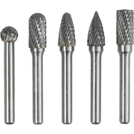 Juego de 5 fresas rotativas de doble corte de carburo de tungsteno con vástago de 6 mm y cabeza de 10 mm para trabajos de carpintería, grabado, amoladora de troqueles y tallado. (1/5)