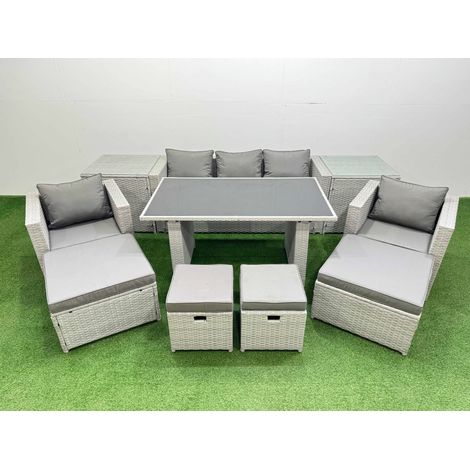 Fimous Patio Garden Furniture Sets with Black Glass Top Dining Table Armchair 3 Seater Sofa 2 Side Tables 4 Stools Light Grey (1/4)