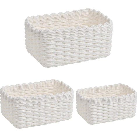 Panier de Rangement Tressé 3 Pièces (Blanc), Corbeille à Serviettes, Paniers Décoratifs en Corde de Papier Recyclé, Rangement de Bureau et Table, Boîtes de Rangement Polyvalentes (1/5)