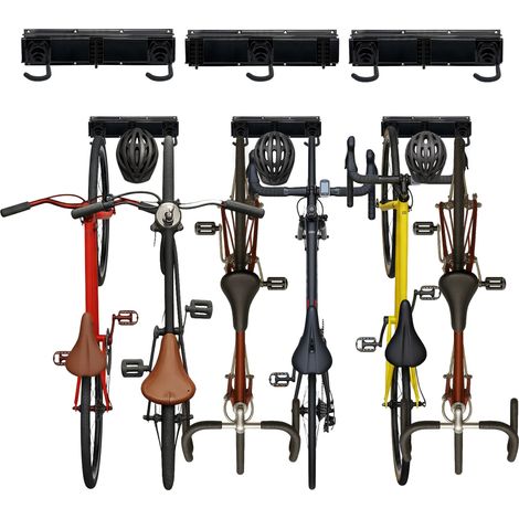 Relaxdays Portabici da Muro, Portabiciclette da Parete con Ganci Regolabili per 6 Bici e Caschi, Garage e Cantina, Nero
