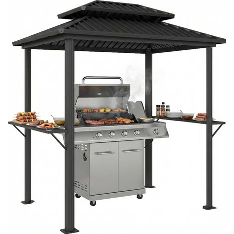 Abri barbecue extérieur tonnelle de jardin aluminium à double toit 2 étagères latérales crochets 231x165x246cm noir (1/5)
