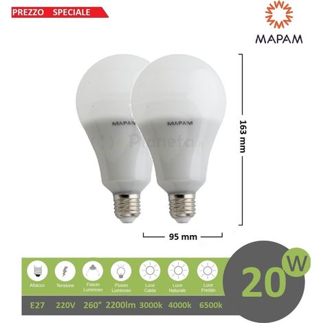 X2 Lampadina led 20w E27 bulbo sfera attacco grande 220V luce bianco naturale calda Mapam Luce Calda - 20 (1/2)