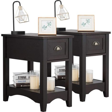 COSTWAY Set de 2 Mesitas de Noche, Mesa Auxiliar de Madera de Caucho, Mesa Lateral Retro, Mesillas de Noche Rectangular, Mesa Compacta con Cajón y Estante para Dormitorio (Nogal) (1/5)